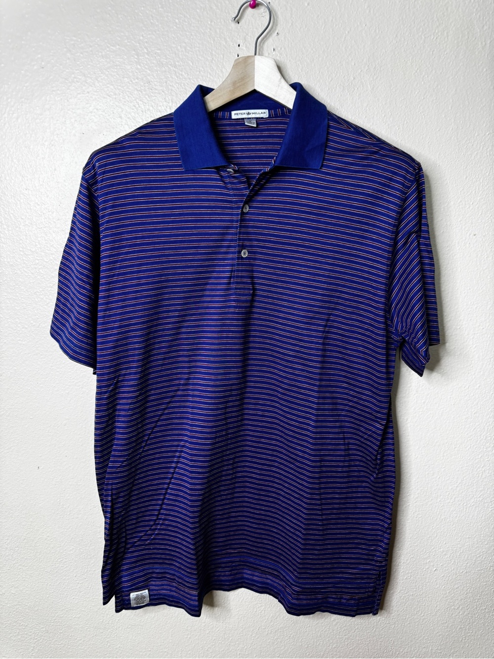 Peter Millar Men's Polo Shirt Medium Blue Striped Cotton golf Preppy